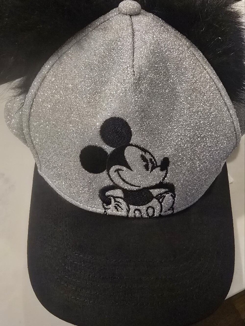 Sparkle Mickey Mouse Baseball Cap - Silver & Black With Puffball Ears
